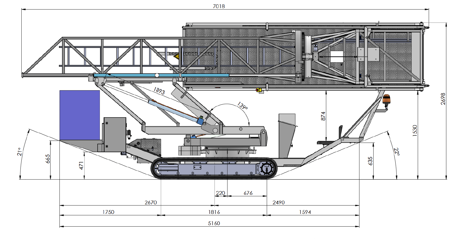 クローラ式橋梁点検機MBI70[MOOG社製]の仕様その2「作業範囲図」