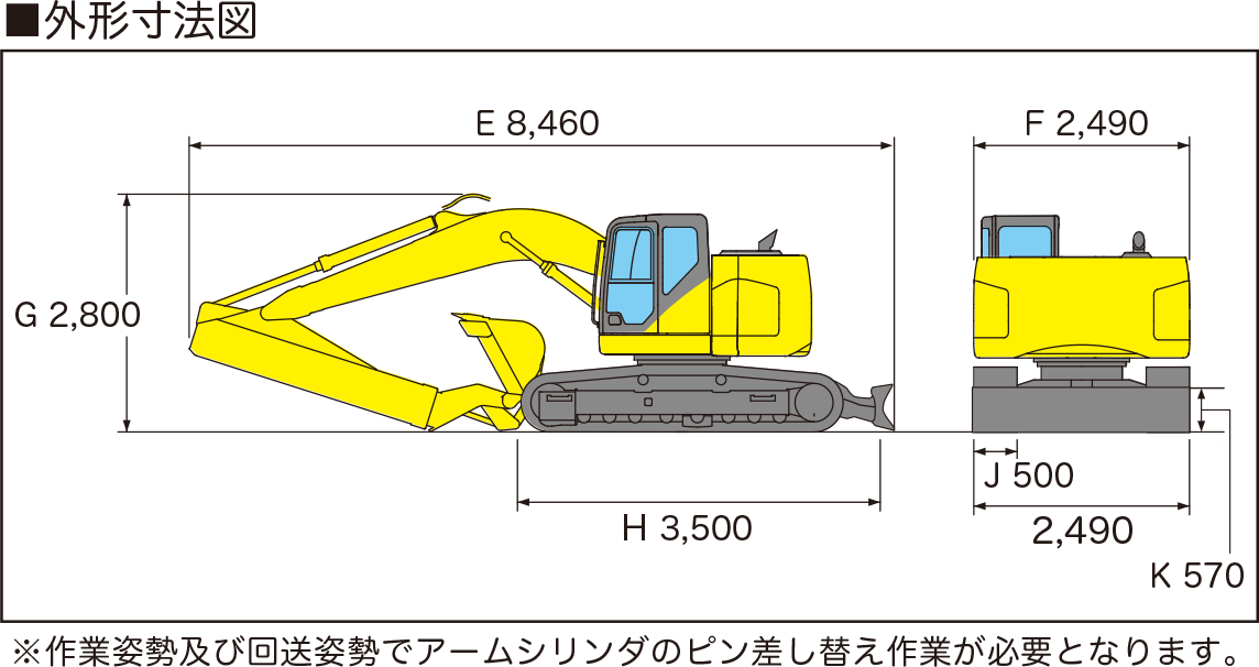 スライドアームバックホーSH135XCL-6の外形寸法図